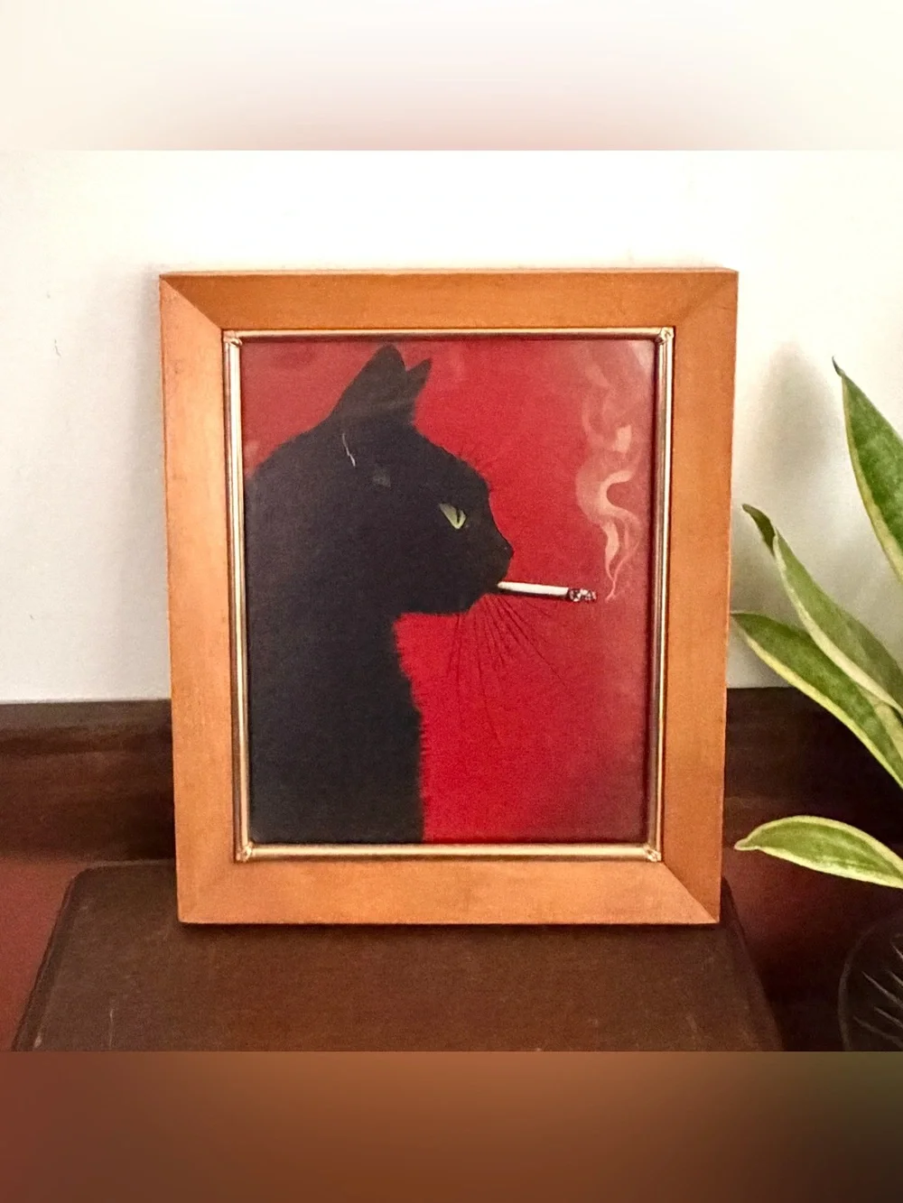 Black Cat Smoking a Cigarette Red Canvas Vintage Wood Framed Wall Hanging Art
